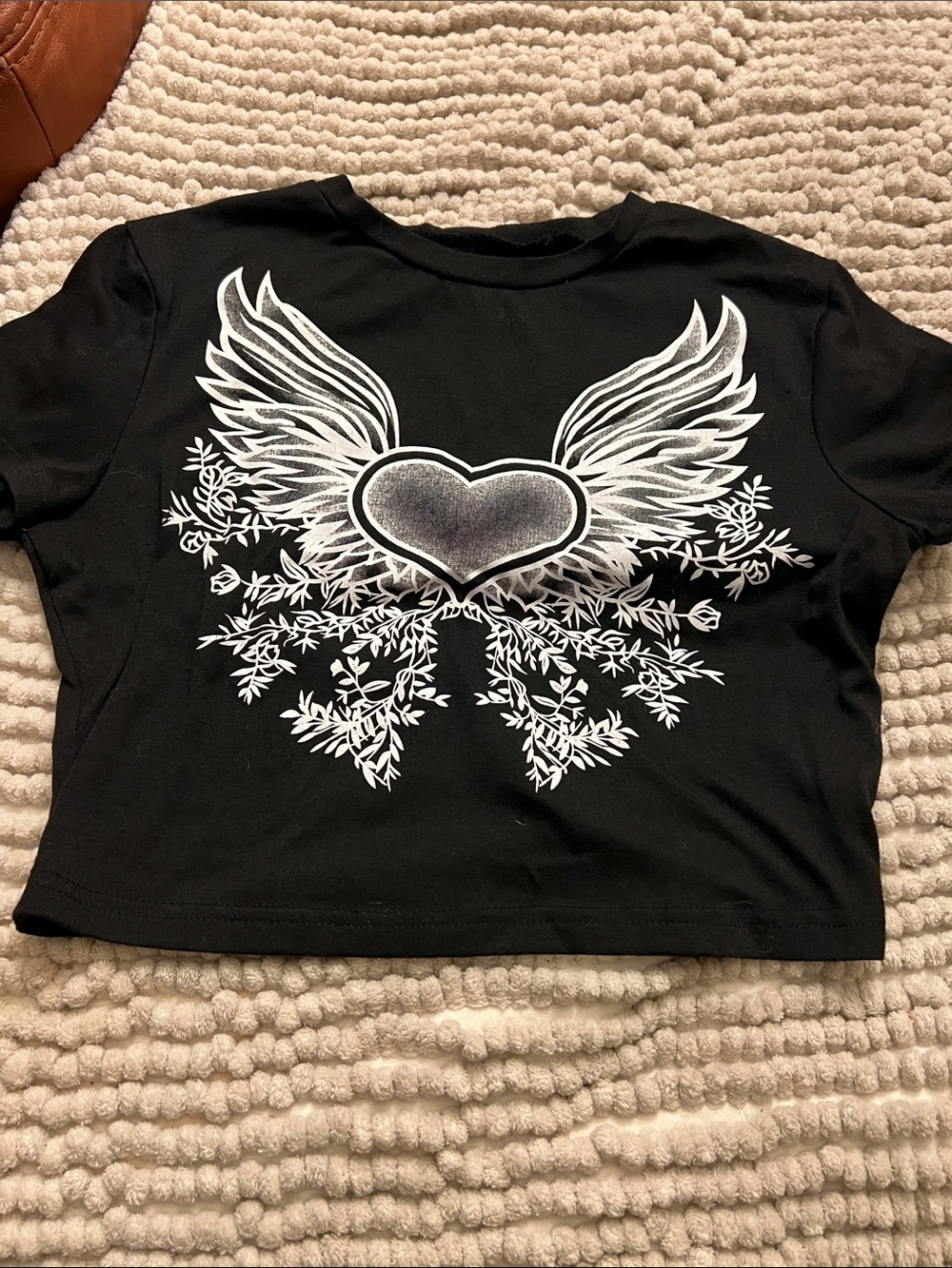 SHEIN Black Crop Top with White Winged Heart Graphic